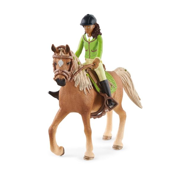 Černovláska Sarah s pohyblivými klouby na koni Mystery Schleich