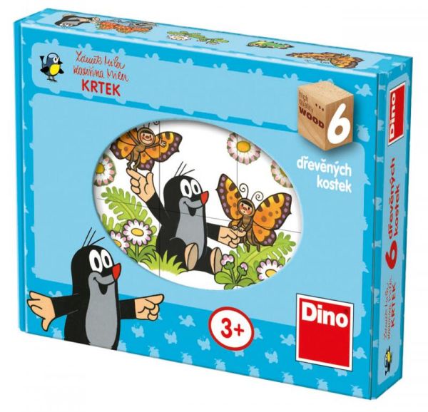 Kostky kubus Krtek dřevo 6ks v krabičce 18x13x4cm Dino